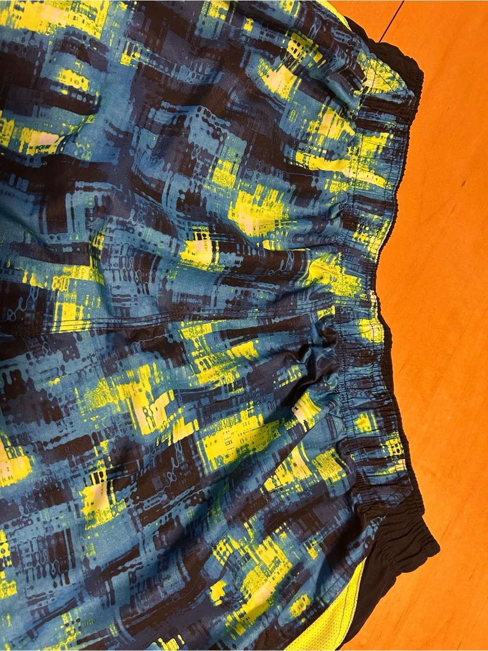Nike Men’s Blue, Black & Neon Yellow Patterned Swim Shorts